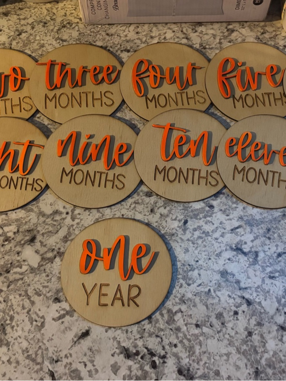 Wooden Baby Milestone Discs with Bright Orange Script (Set of 13)